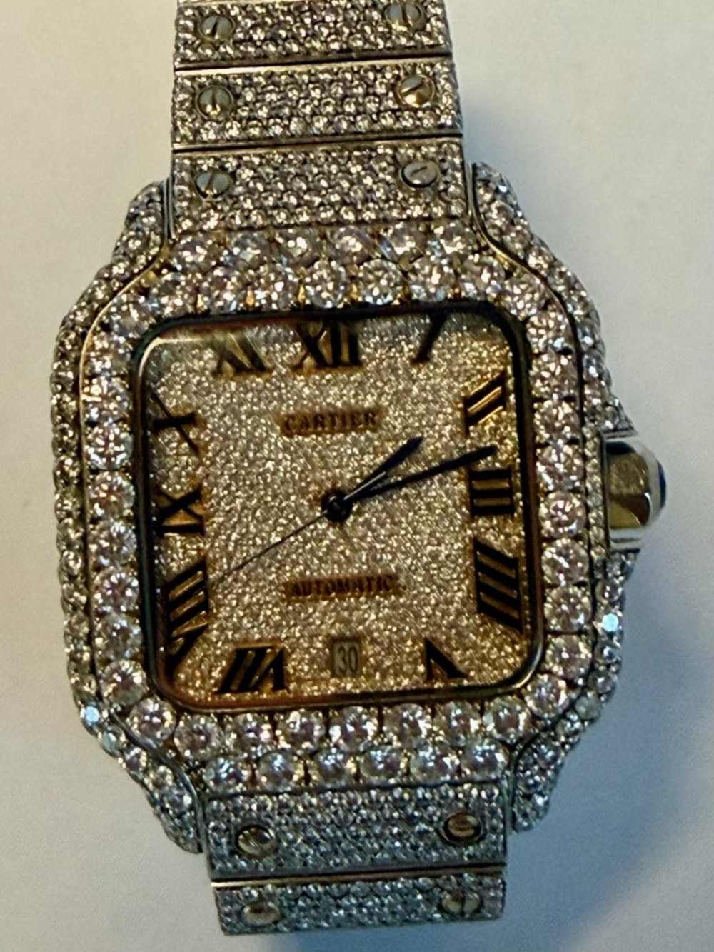 Cartier Gold and Silver Moissanite Santos Pavé Men's Bracelet Watch GENUINE